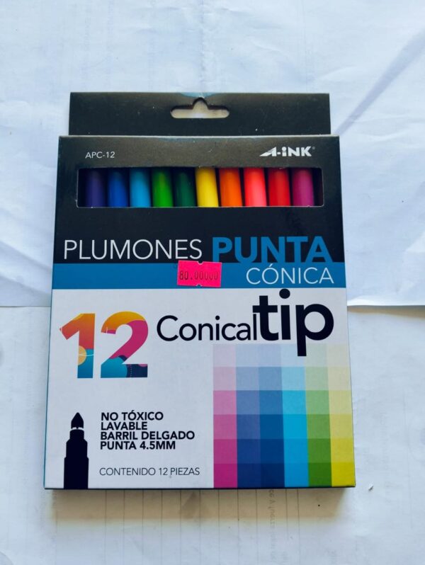 Plumones de Punta Conica Mca. A-Ink 12 pzas