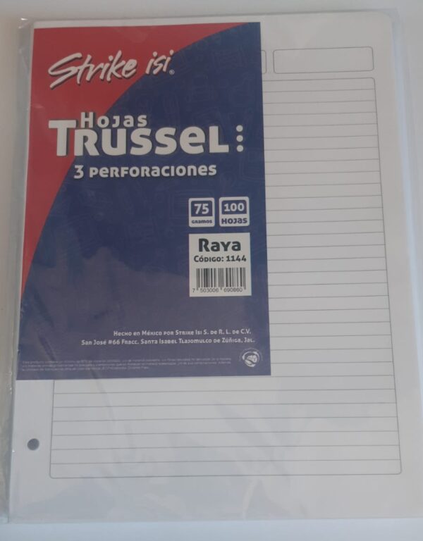 Paquete de hojas de raya trussel con tres perforaciones (100 hojas)